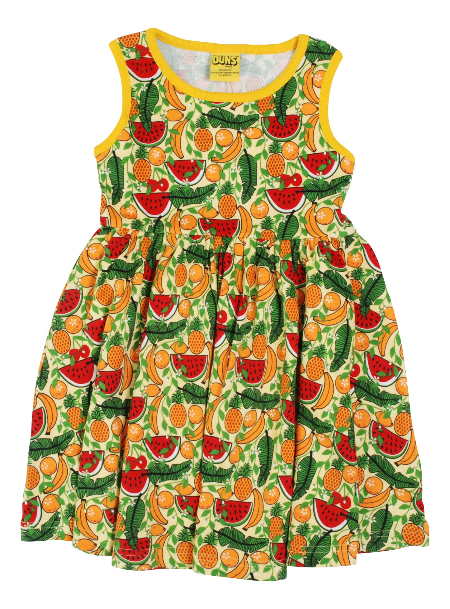 colourful tropical print dress with gathered skirt