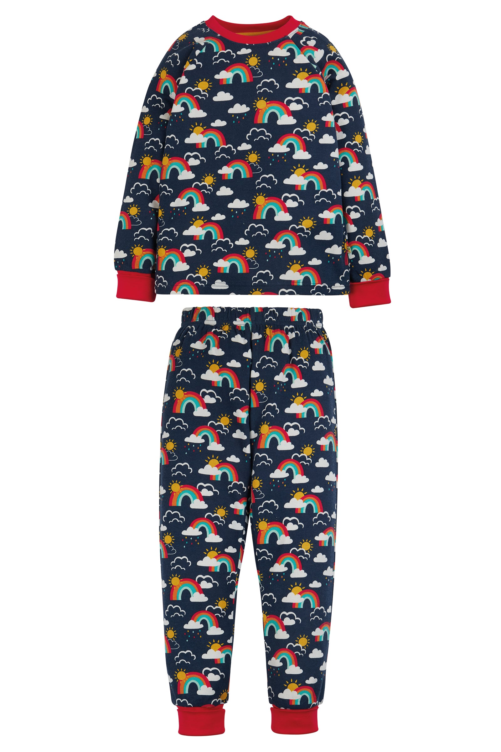 navy pjs with a rainbow print and contrast red cuffs