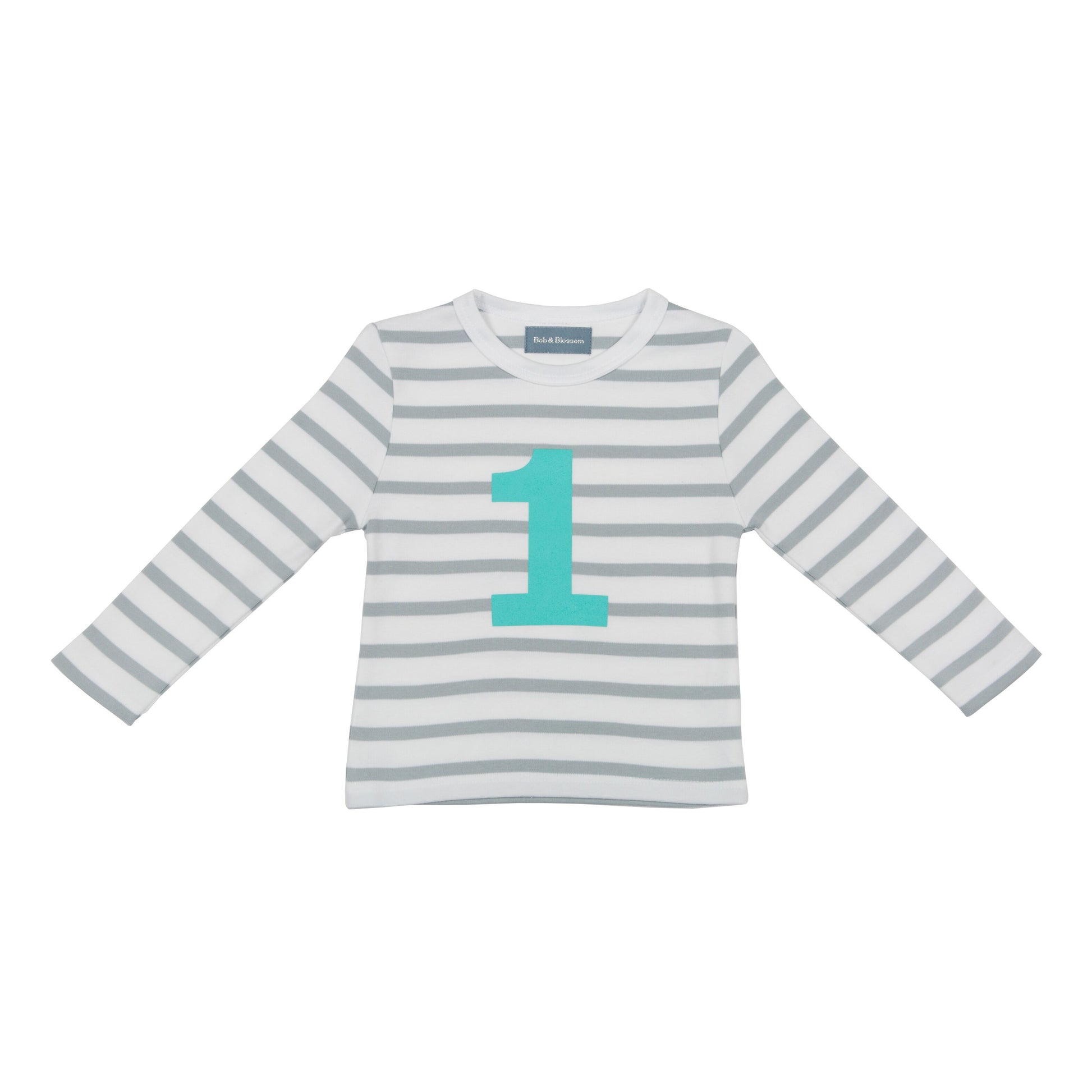 Bob & Blossom grey and white striped long sleeved t shirt with turquoise number 1