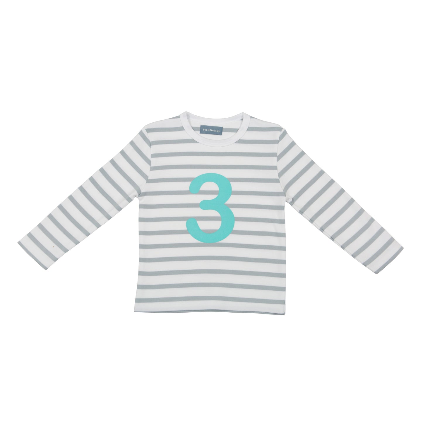 Bob & Blossom grey and white striped long sleeved t shirt with turquoise number 3