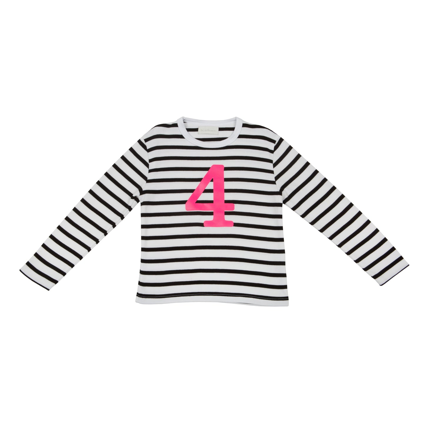 Bob & Blossom black and white striped long sleeved t shirt with hot pink number 4