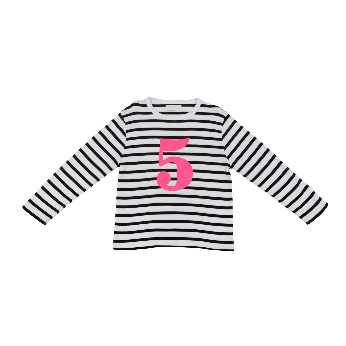 Bob & Blossom black and white striped long sleeved t shirt with hot pink number 5