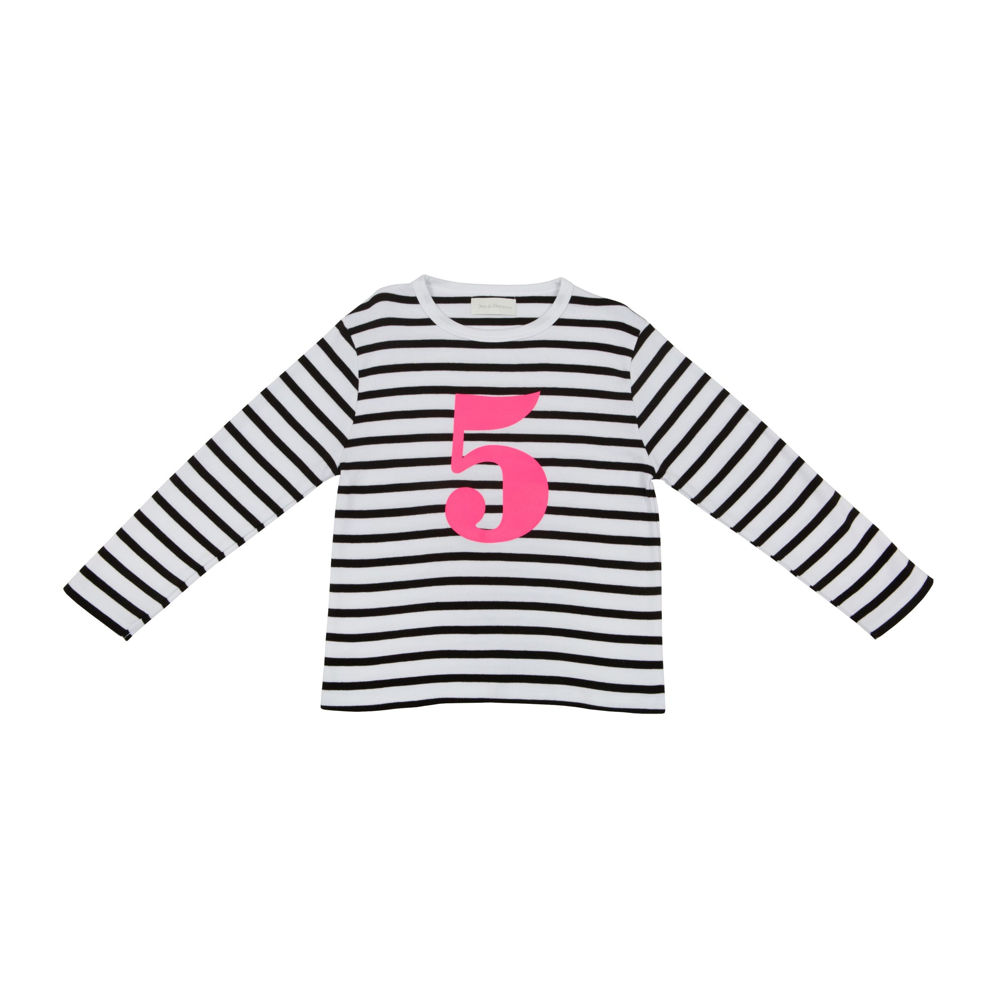 Bob & Blossom black and white striped long sleeved t shirt with hot pink number 5