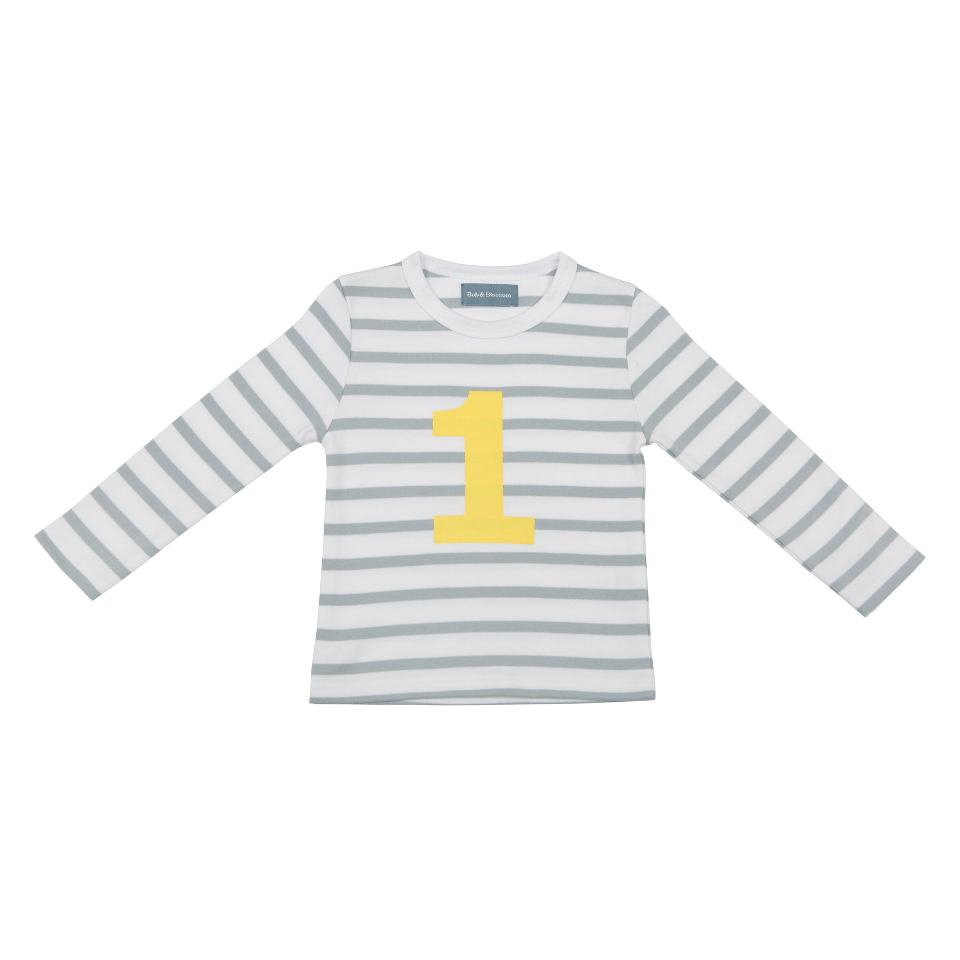 Bob & Blossom grey and white striped long sleeved t shirt with yellow number 1