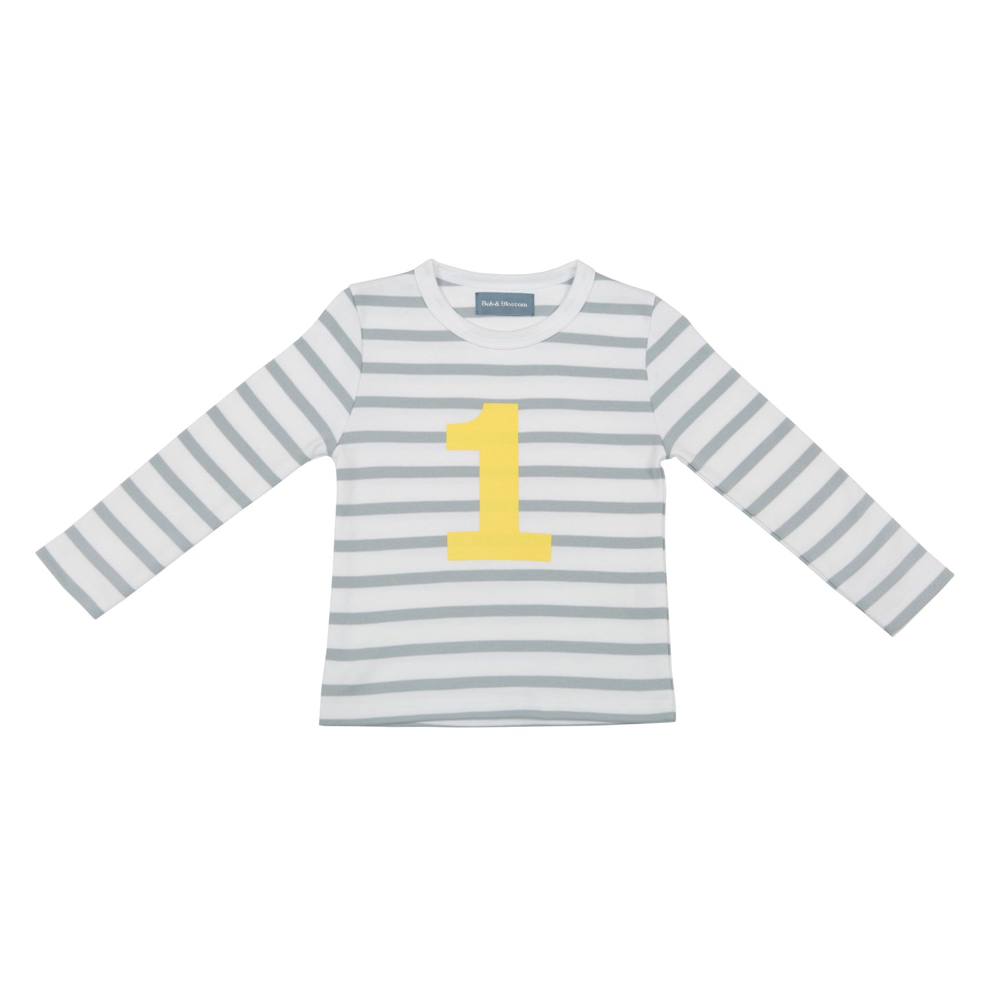 Bob & Blossom grey and white striped long sleeved t shirt with yellow number 1