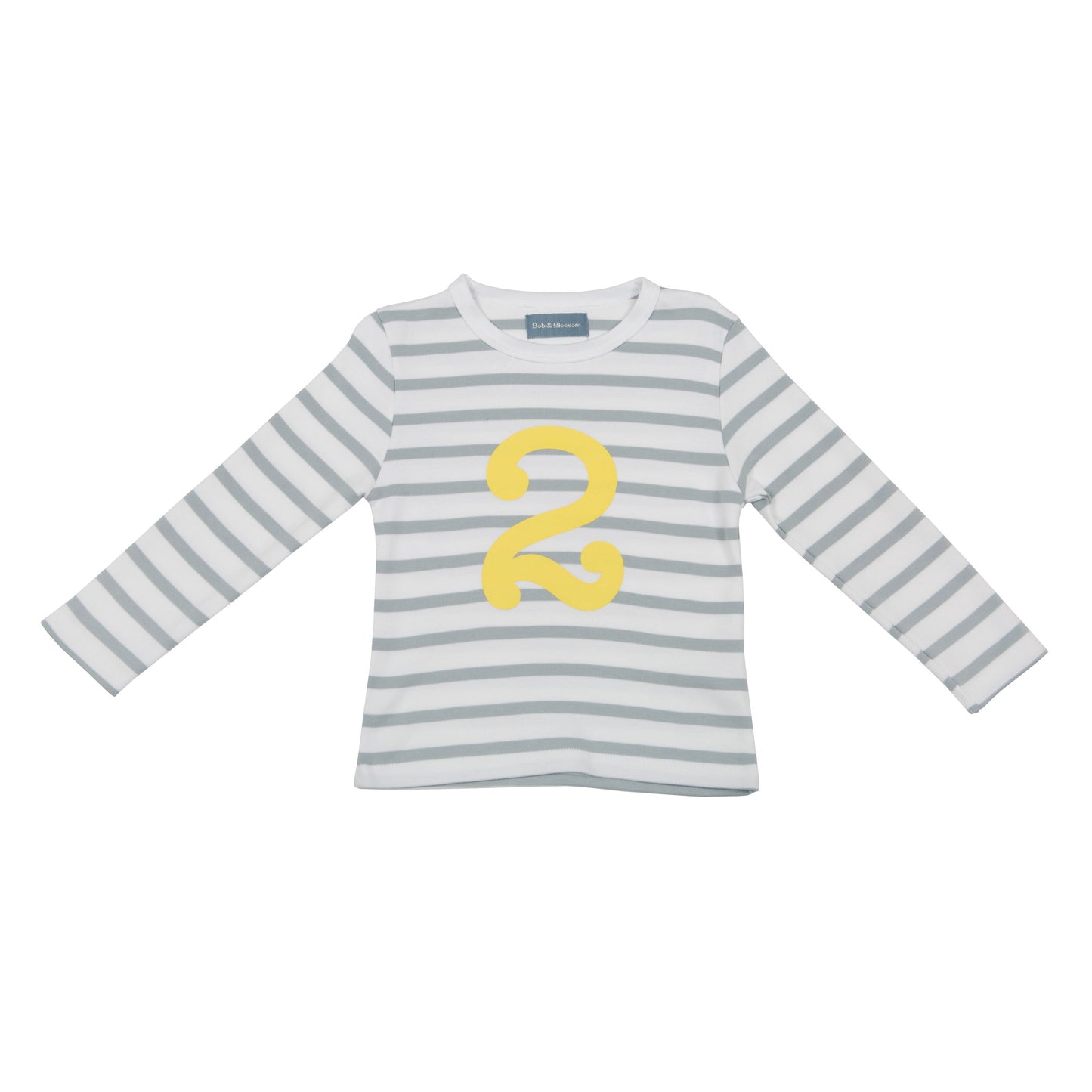 Bob & Blossom grey and white striped long sleeved t shirt with yellow number 2