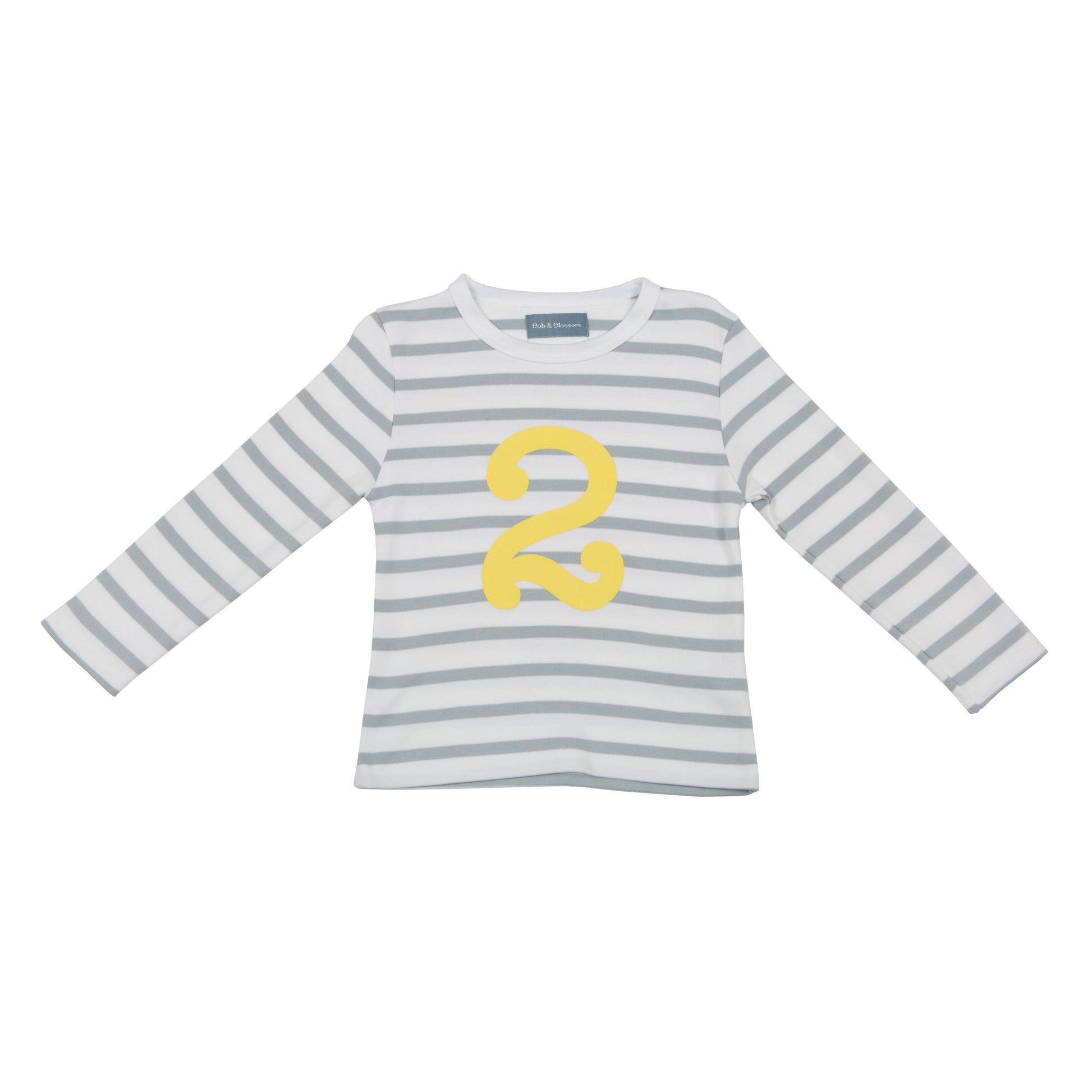 Bob & Blossom grey and white striped long sleeved t shirt with yellow number 2