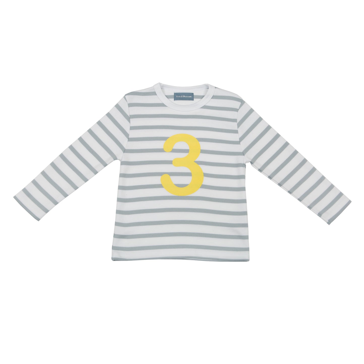 Bob & Blossom grey and white striped long sleeved t shirt with yellow number 3