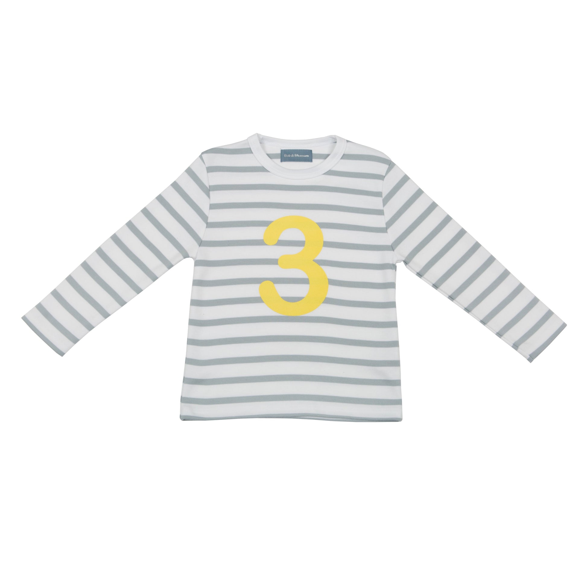 Bob & Blossom grey and white striped long sleeved t shirt with yellow number 3
