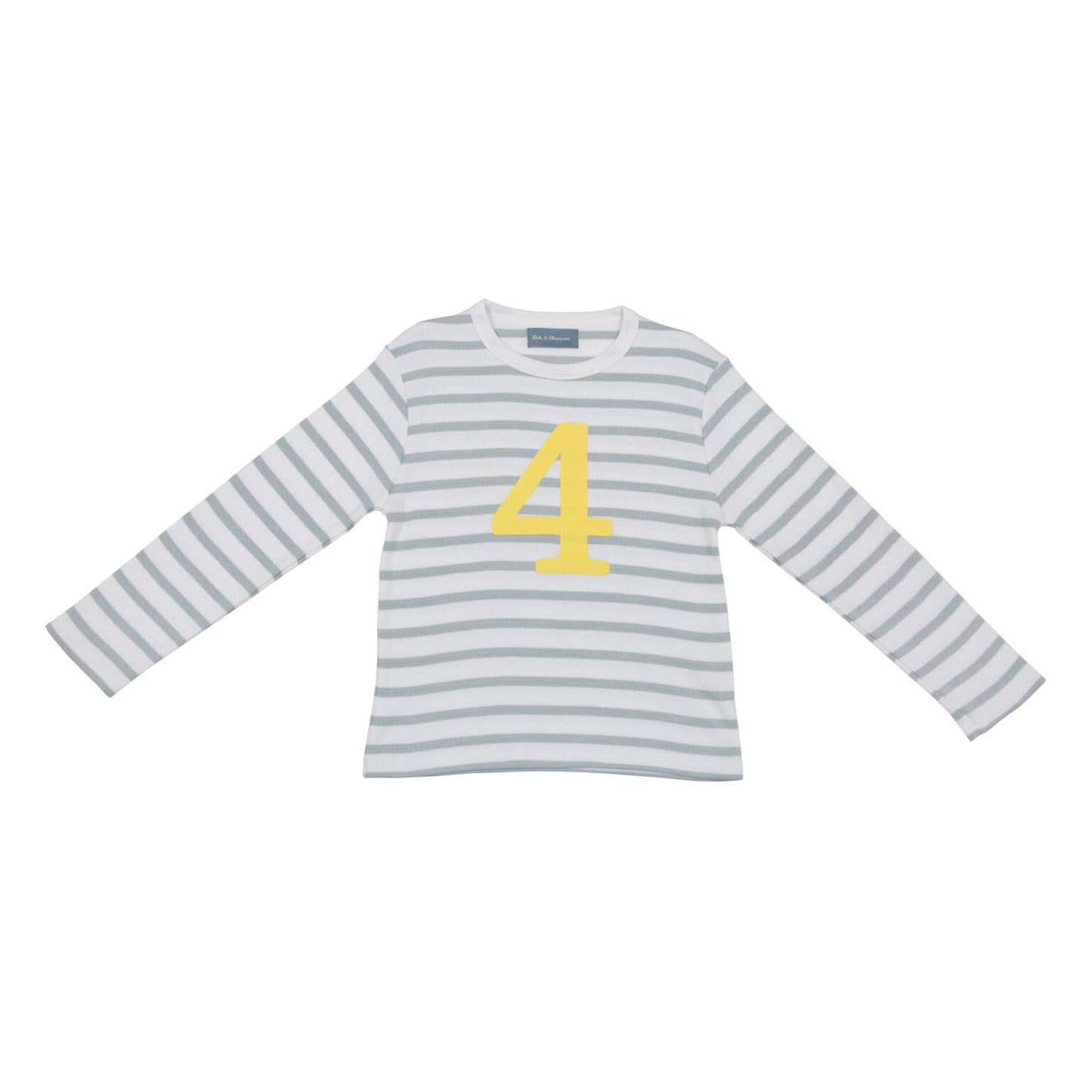 Bob & Blossom grey and white striped long sleeved t shirt with yellow number 4