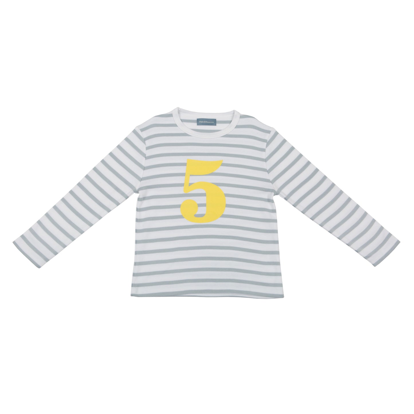 Bob & Blossom grey and white striped long sleeved t shirt with yellow number 3