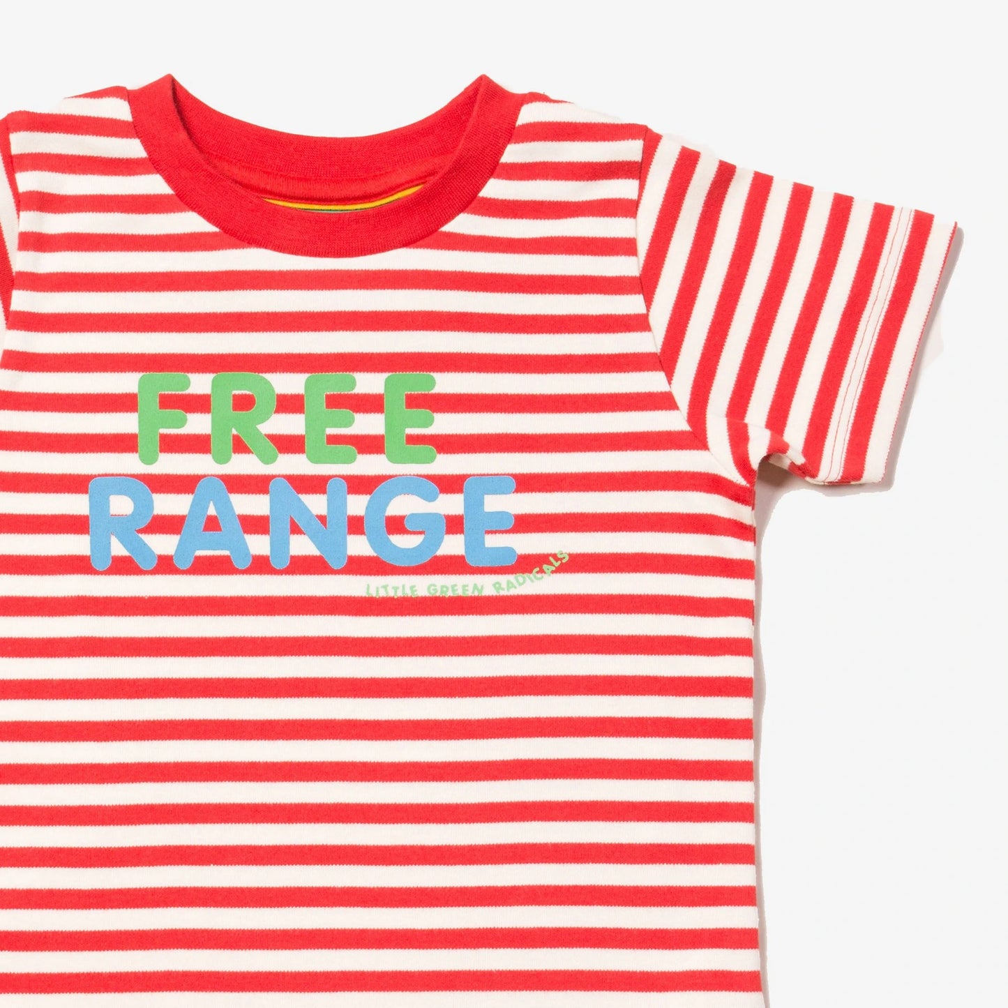 red and white striped tee with green and white screen printed Free Range logo on the front