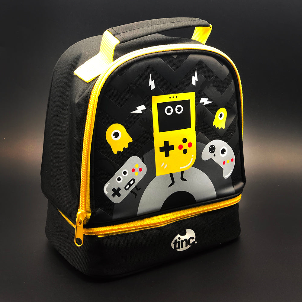 Tinc lunchbox with gaming design in black and yellow