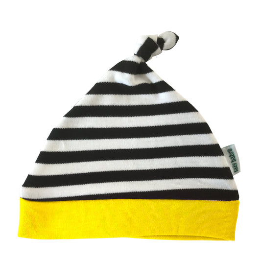 black and white striped baby hat with yellow trim