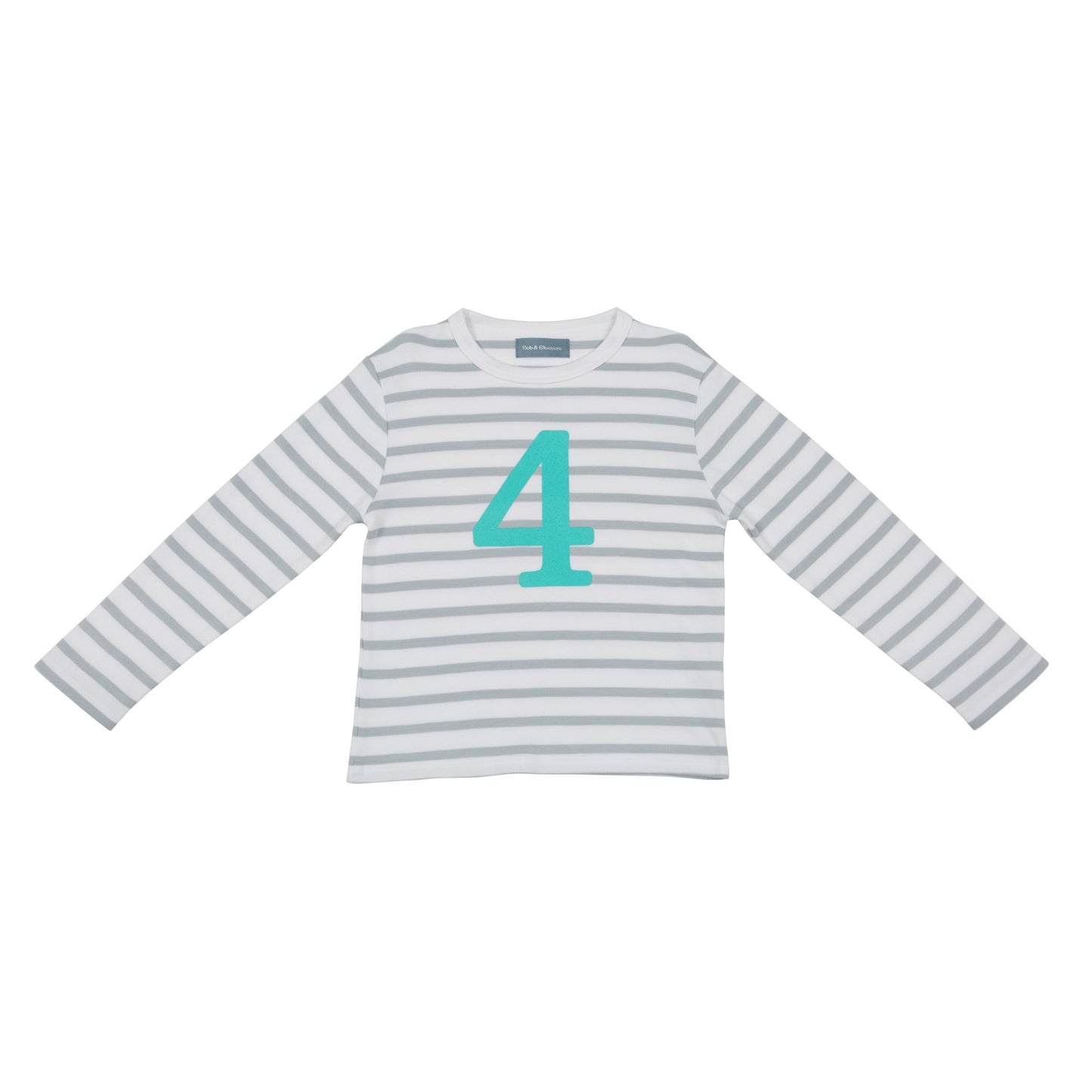 Bob & Blossom grey and white striped long sleeved t shirt with turquoise number 4